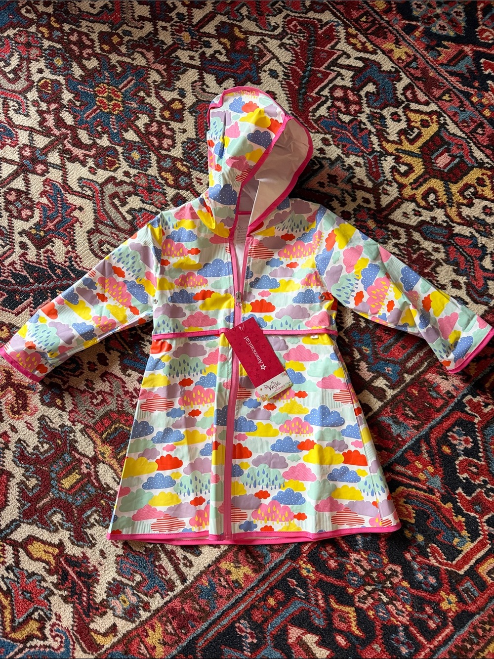 American Girl Girls' Multicolor Cloud Print Raincoat - Pink Trim